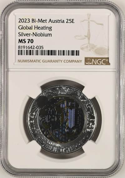 S&S Numismatic世界钱币-拍卖 第121期  - 奥地利2023年 全球气候变暖 25欧元银+铌双色纪念币 NGC MS70冠军分，盒证齐全