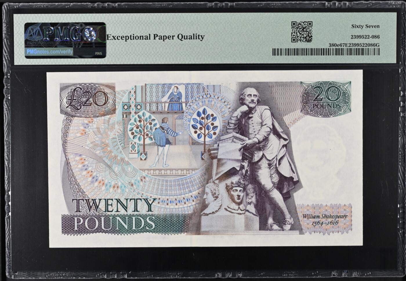 《艾美收藏》第235期-3.8周日外币荟萃 英国D序列1988-91年20镑PMG67E亚军分无4 冠军68分仅8张 Gill签名 莎士比亚水印 Pick#380e