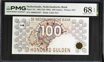 《艾美收藏》第235期-3.8周日外币荟萃 - 荷兰1992年100盾PMG68E高分 齿轮版设计独特 猫头鹰水印