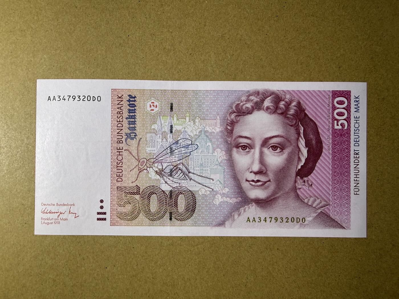 《艾美收藏》第235期-3.8周日外币荟萃 德国500马克 UNC 1991年 德国女画家梅里安 背面有一处小磨损点 AA冠