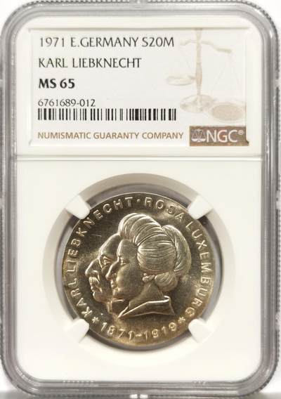 博洋堂世界钱币拍卖第163期（全场包邮） - NGC MS65 东德1971年卡尔·李卜克内西和罗莎·卢森堡20马克银币，币面清爽干净又舒适，状态极佳，东德纪念银币发行量少，潜力股。