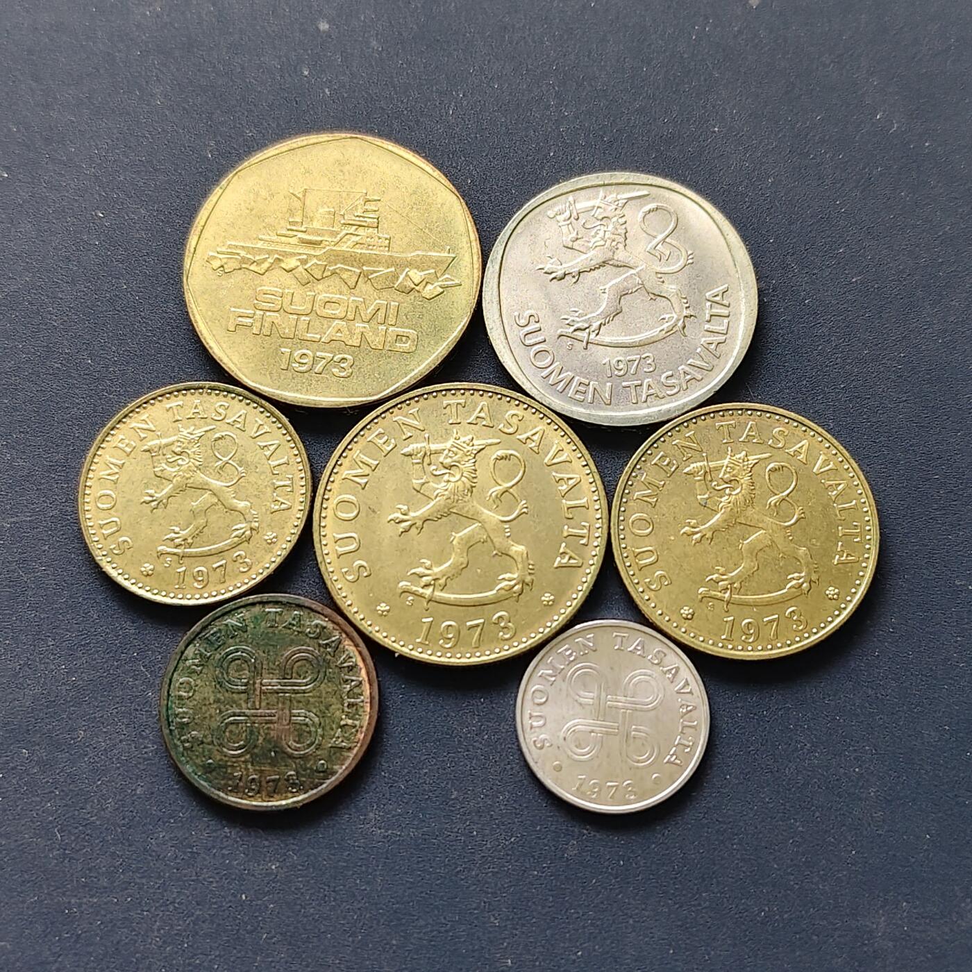 【全场包邮】纯粹捡漏拍508场 芬兰1973年清年份7枚套币-含5马克破冰船（仅发行1972-1978年）