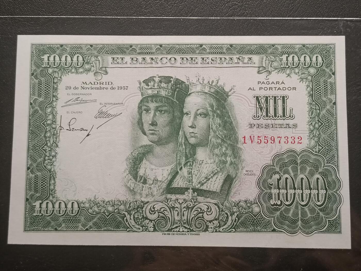 2026三月第一期，总218期 西班牙1957版1000比塞塔UNC-，奠定了现代西班牙疆域的双王联姻伊莎贝拉夫妇和西班牙大国徽