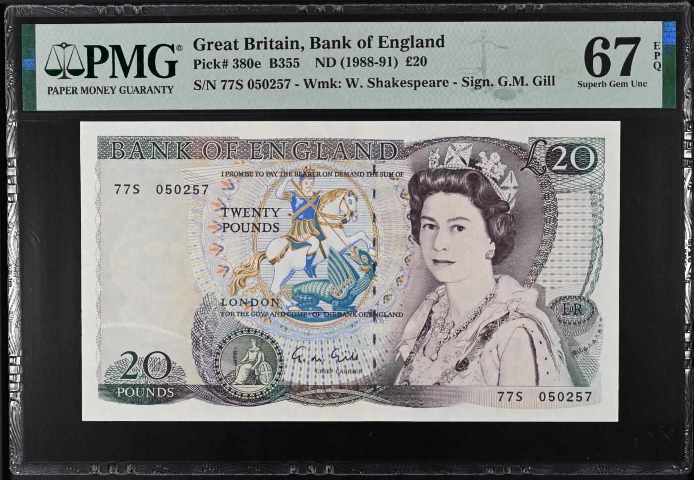 《艾美收藏》第235期-3.8周日外币荟萃 英国D序列1988-91年20镑PMG67E亚军分无4 冠军68分仅8张 Gill签名 莎士比亚水印 Pick#380e