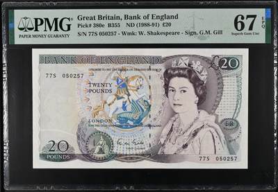 《艾美收藏》第235期-3.8周日外币荟萃 - 英国D序列1988-91年20镑PMG67E亚军分无4 冠军68分仅8张 Gill签名 莎士比亚水印 Pick#380e