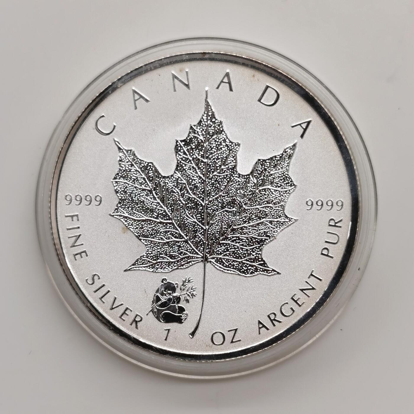 博洋堂世界钱币拍卖第163期（全场包邮） 加拿大2016年5元普制银币 枫叶(带熊猫私印） 1盎司9999银 发行量：5万