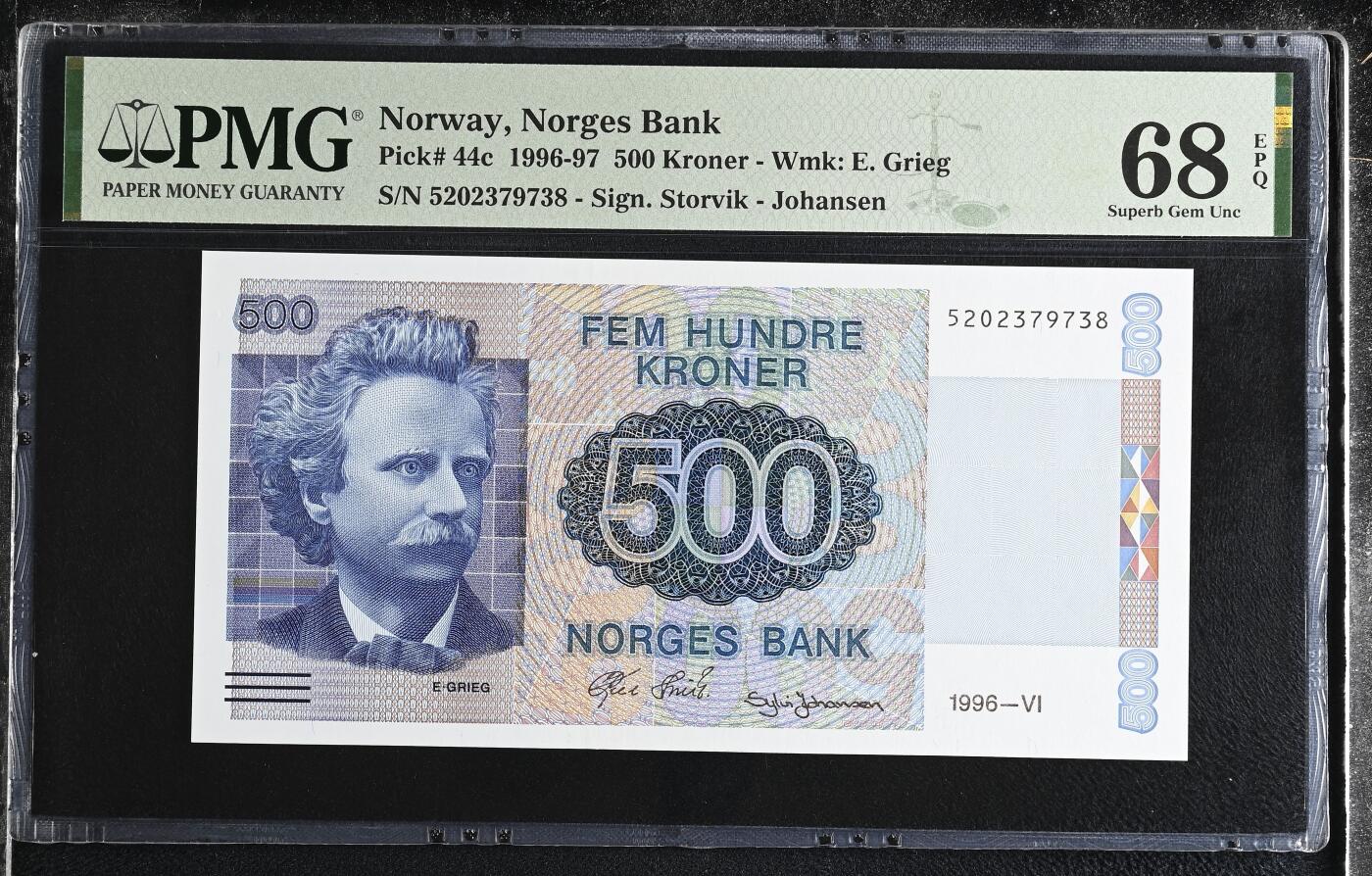 《艾美收藏》第235期-3.8周日外币荟萃 挪威1996年500克朗PMG68E唯三冠军分520头长号段无4尾8 少见品种 挪威作曲家爱德华·格里格 Pick#44c