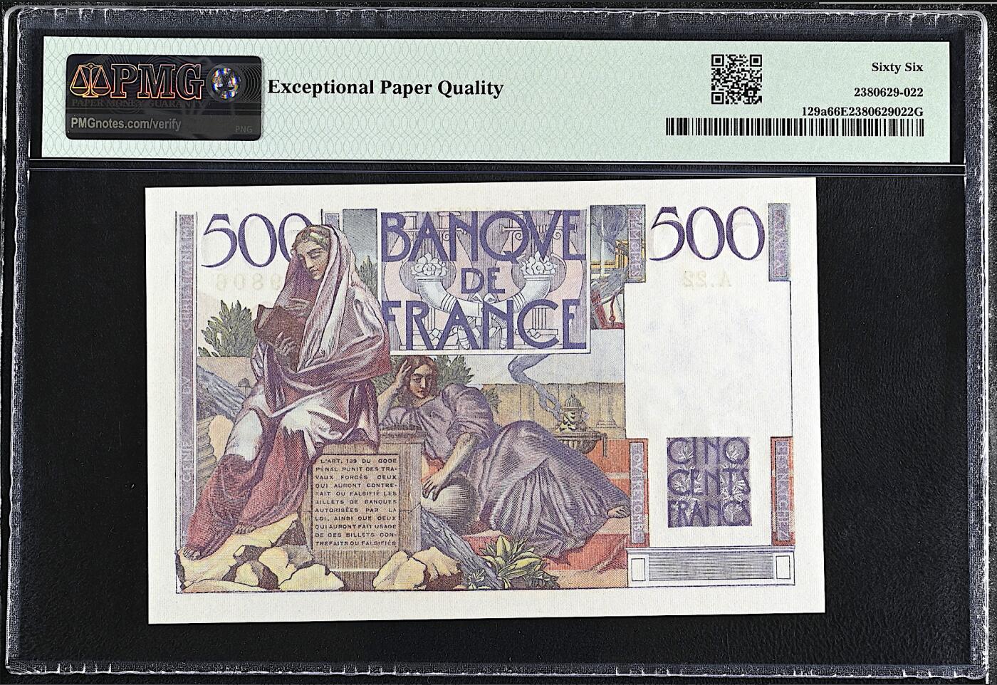 《艾美收藏》第235期-3.8周日外币荟萃 法国500法郎 PMG66E 1945年首发年A冠 法国浪漫主义作家夏多布里昂 稀少版本 无47