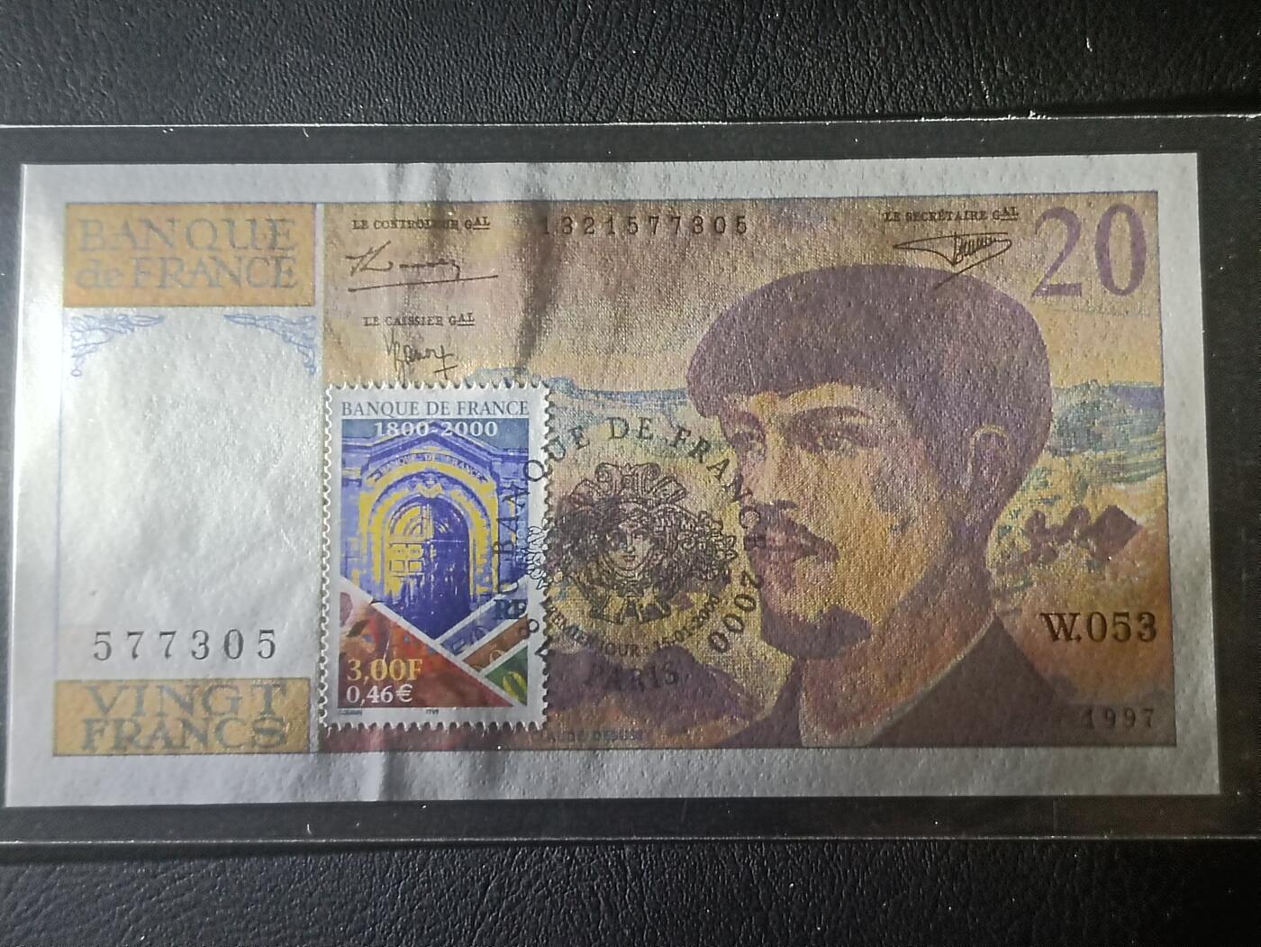 2026三月第一期，总218期 法国2000年“法兰西银行两百年”盖邮纪念钞UNC-，加盖3法郎“法兰西银行两百年”纪念邮票，稀有品种