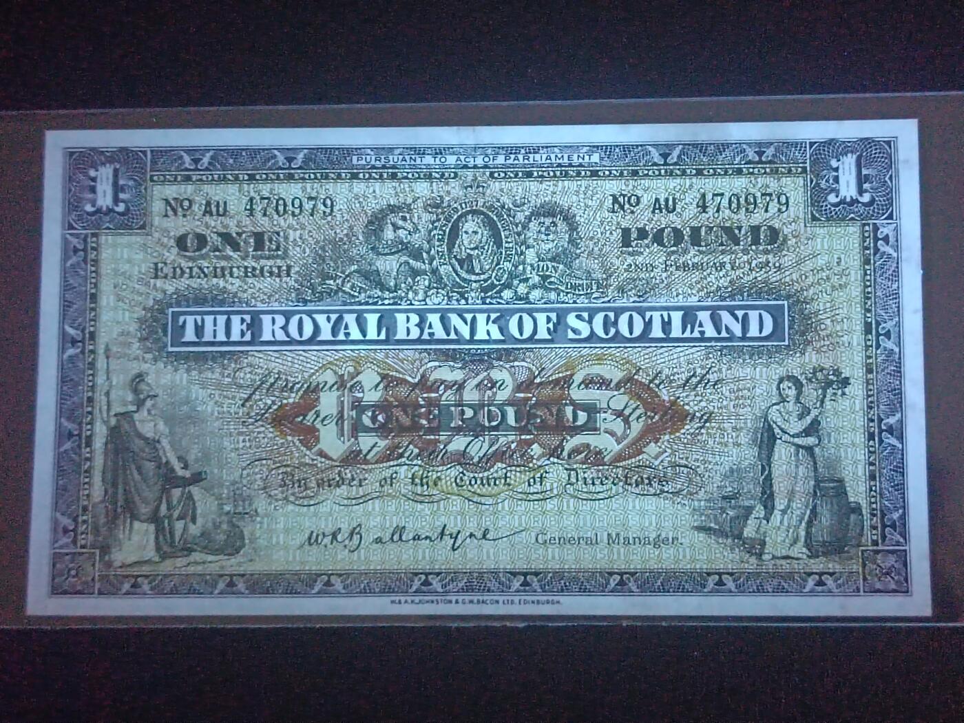 2026三月第一期，总218期 苏格兰皇家银行1959年UNC-，不列颠女神和拿花女神/爱丁堡和格拉斯哥的分行，早期大票幅版本