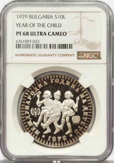 博洋堂世界钱币拍卖第163期（全场包邮） - NGC PF68UC 保加利亚1979年国际儿童年10列弗精制银币，发行量16906枚。国际儿童年系列里的新贵，外拍高价，PROOF精制币，币面清爽干净又漂亮，转光强烈细节优秀，状态极佳。