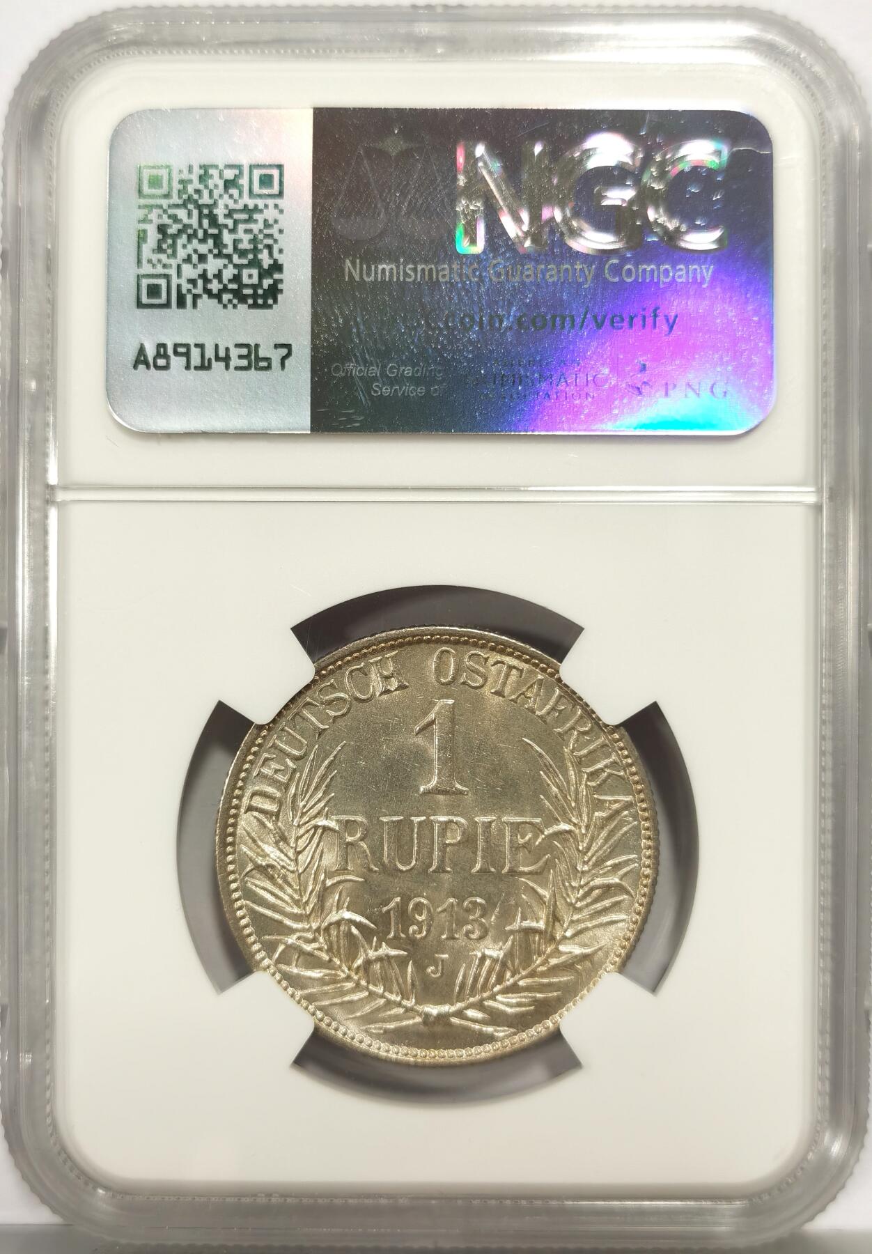 博洋堂世界钱币拍卖第163期（全场包邮） NGC MS60 德属东非1913年J版威廉二世1卢比 少见年份 转光强烈 严评状态