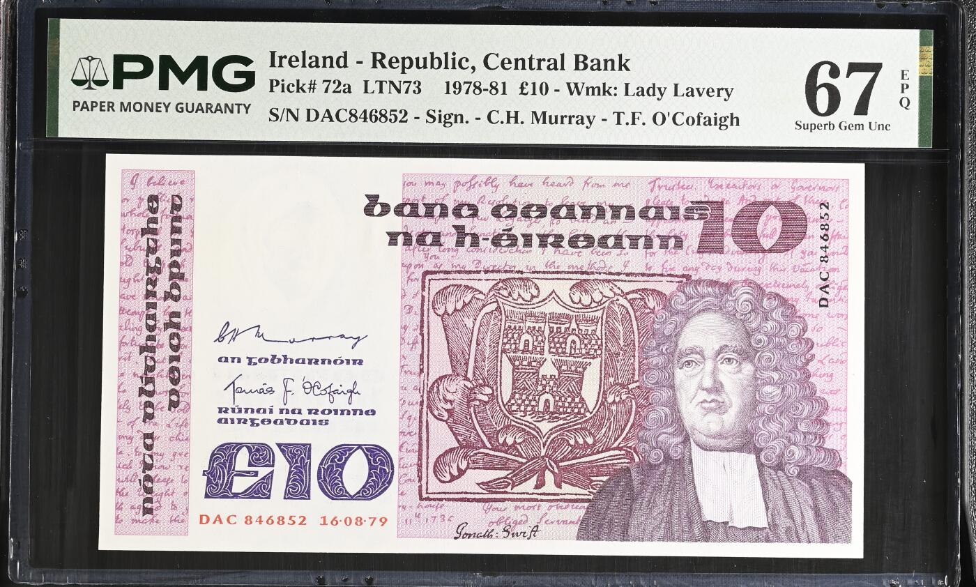 《艾美收藏》第235期-3.8周日外币荟萃 爱尔兰1979年少见年份10镑PMG67E亚军分 难上分品种 冠军68分仅1张 爱尔兰作家斯威夫特