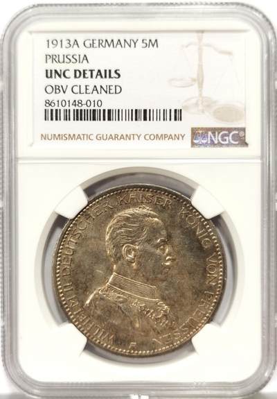 博洋堂世界钱币拍卖第163期（全场包邮） - NGC UNCD 德国普鲁士1913年威廉二世戎装像5马克纪念银币，原汁原味酱五彩包浆，包浆醇厚浓郁，味道币味道足，极美爆彩，疑似错杀。