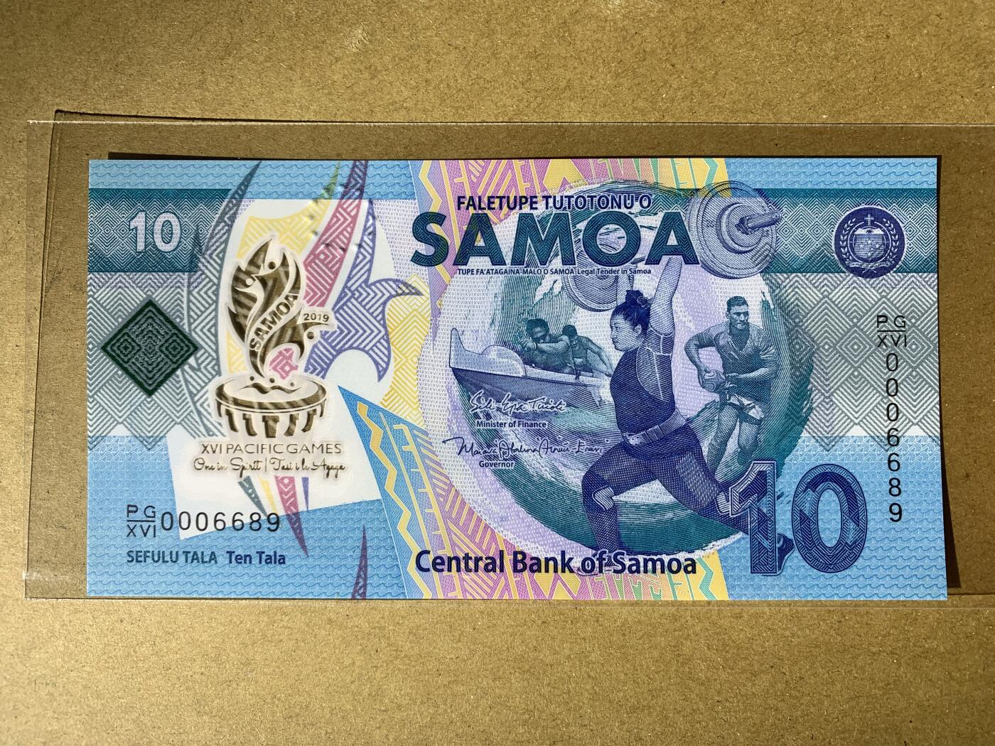 【礼羽收藏】🌏世界钱币拍卖127期 【0006689】全新UNC 2019年萨摩亚10面值 塑料钞 纪念钞 无3457尾6689 千位圆圆倒置号