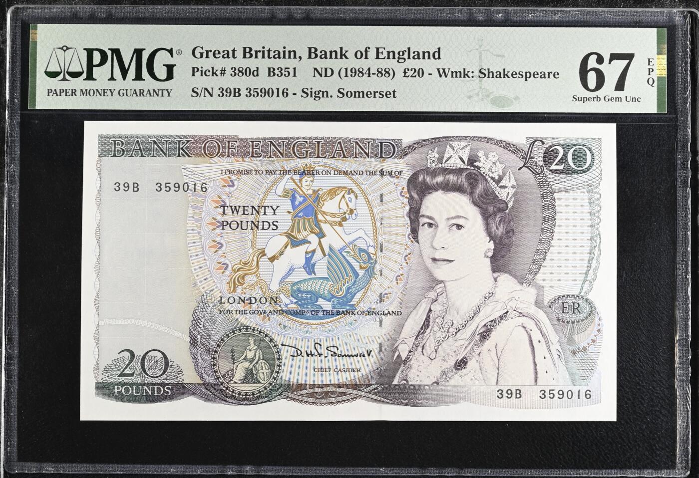《艾美收藏》第235期-3.8周日外币荟萃 英国20镑 PMG67E D序列 莎翁水印 无47 Pick#380d