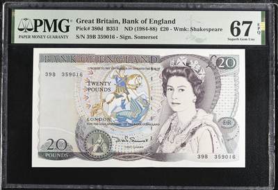 《艾美收藏》第235期-3.8周日外币荟萃 - 英国20镑 PMG67E D序列 莎翁水印 无47 Pick#380d