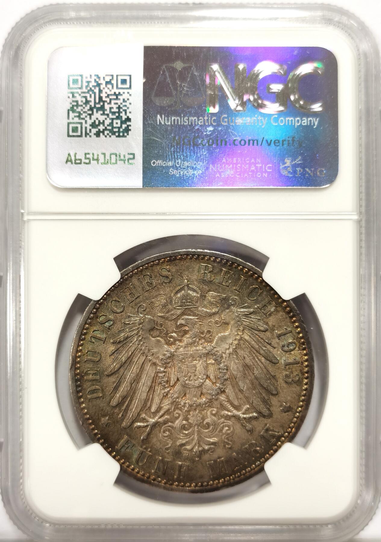 博洋堂世界钱币拍卖第163期（全场包邮） NGC UNCD 德国普鲁士1913年威廉二世戎装像5马克纪念银币，原汁原味酱五彩包浆，包浆醇厚浓郁，味道币味道足，极美爆彩，疑似错杀。