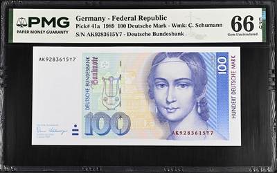 《艾美收藏》第235期-3.8周日外币荟萃 - 德国100马克 PMG66E 1989年 克拉拉 无4