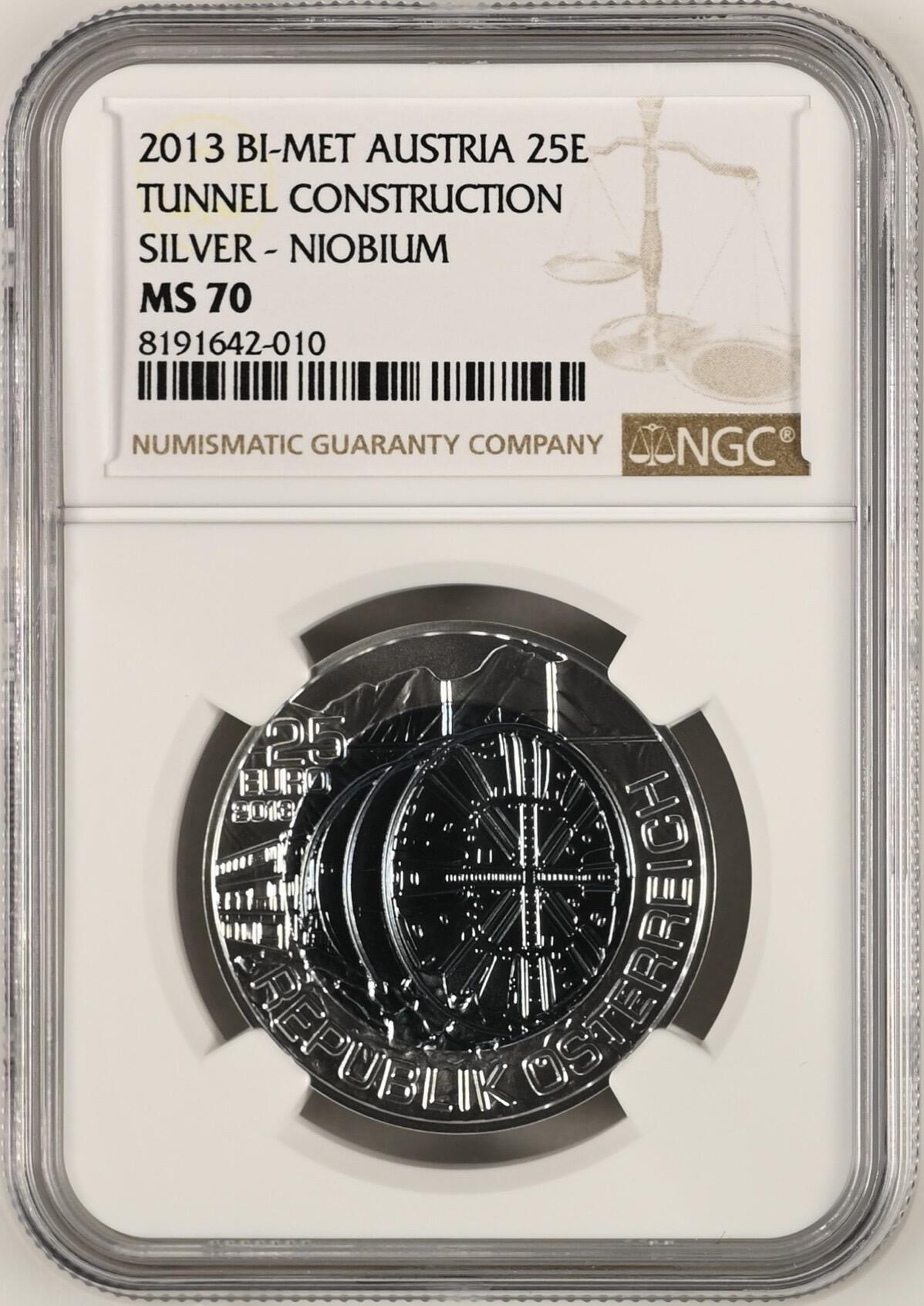 S&S Numismatic世界钱币-拍卖 第121期  获奖币*奥地利2013年 隧道施工 25欧元双色银+铌双色纪念币 NGC MS70  盒证齐全
