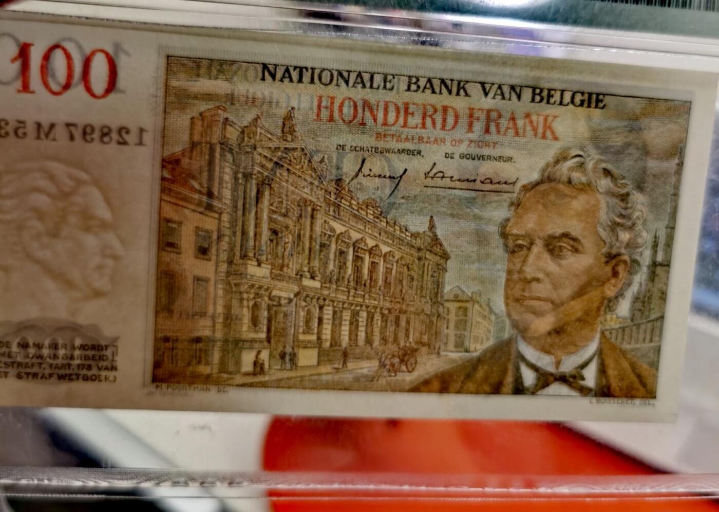 《艾美收藏》第235期-3.8周日外币荟萃 比利时1959年100法郎PMG67E亚军分 冠军68分仅2张，少见品种 50年代法属风纸币 一步到位藏品，比利时国王利奥波德一世 背面比利时政治家/首相奥尔邦，他任财政大臣期间，创办了比利时国家银行