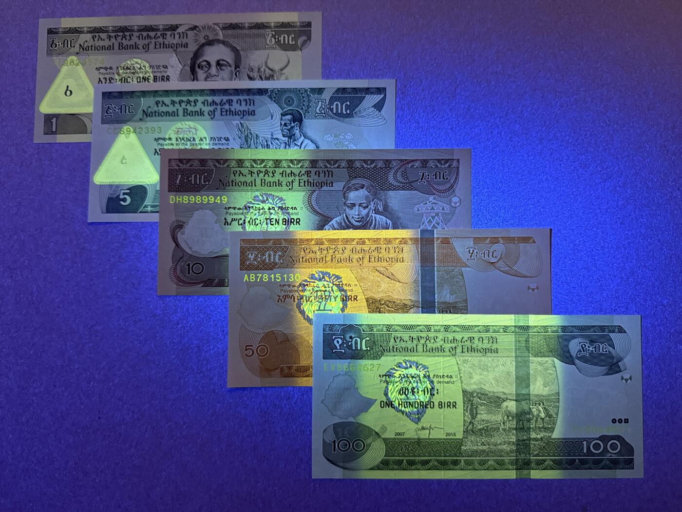 《艾美收藏》第235期-3.8周日外币荟萃 埃塞俄比亚1、5、10、50、100比尔5张 UNC