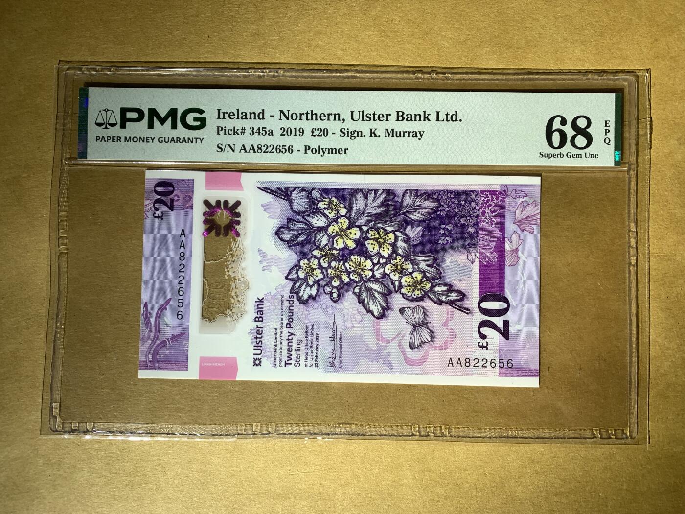 【礼羽收藏】🌏世界钱币拍卖第130期 【AA822656】2019年北爱尔兰阿尔斯特银行20镑塑料钞 少见AA首发冠 无347钻石号 PMG68 高分靓号