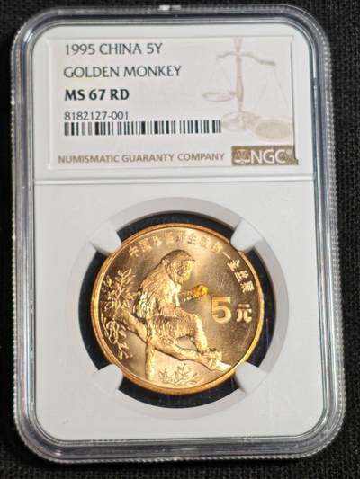 刘世昌艺术品销售中心～虎踞龙蟠*金杨在线联拍群第518期 - 1995年流通纪念币“金丝猴”（NGC   MS67RD     串号：8182127-001）1枚。