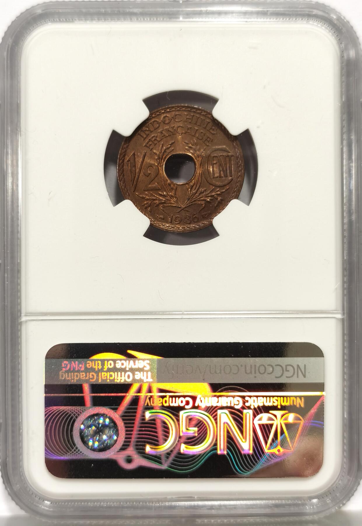 博洋堂世界钱币拍卖第163期（全场包邮） NGC MS64RB 法属印支1936年1/2分铜币