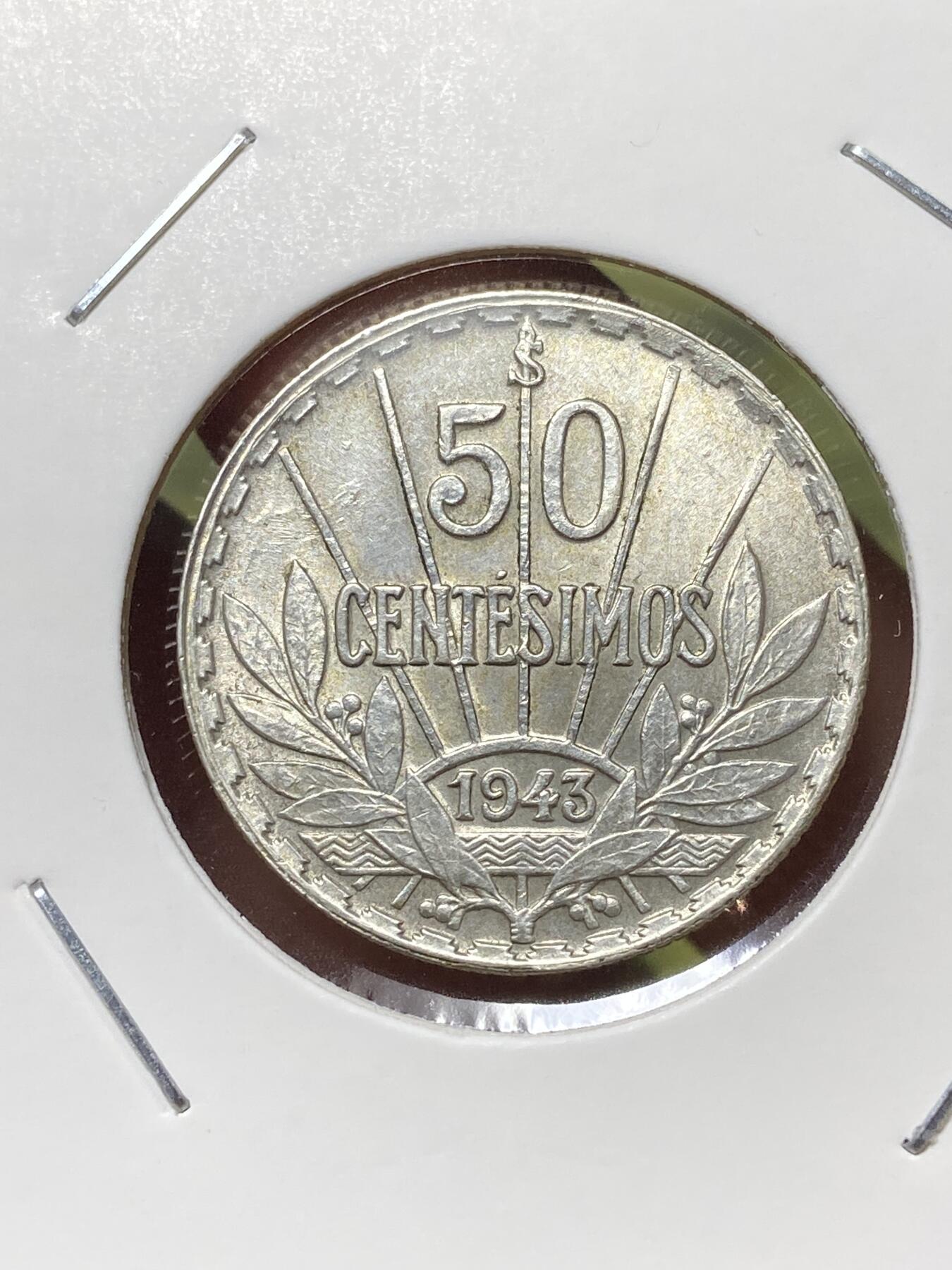 2026年第三十三场(总第二百零二场）外国精品纸夹币场(免佣金) 少见好品–乌拉圭🇺🇾1943单年份50分银币(1901–1951年第二版，So标智利圣地亚哥造，720银)