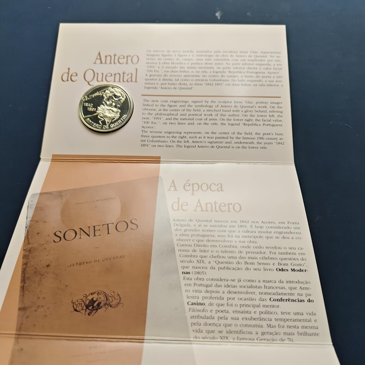 【全场包邮】纯粹捡漏拍509场 葡萄牙1991年100埃斯库多葡萄牙诗人肯塔尔逝世100周年官方卡装纪念银币【34毫米18.5克92.5%】