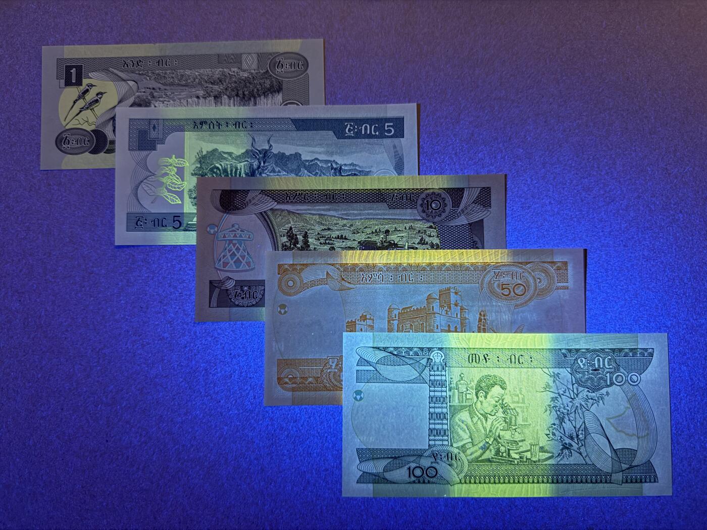 《艾美收藏》第235期-3.8周日外币荟萃 埃塞俄比亚1、5、10、50、100比尔5张 UNC