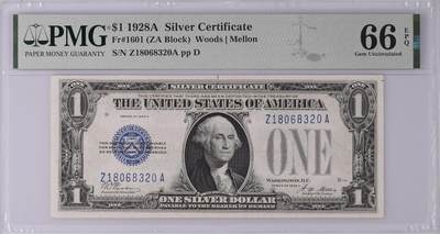 【礼羽收藏】🌏世界钱币拍卖127期 - 【号码无457 高分】1928A版 1美 银币券 PMG66E