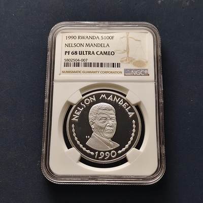 【全场包邮】纯粹捡漏拍509场 - 卢旺达1990年100法郎纳尔逊·曼德拉精制纪念银币【37.5毫米31.23克99.9%】-NGC PF68 ULTRA CAMEO