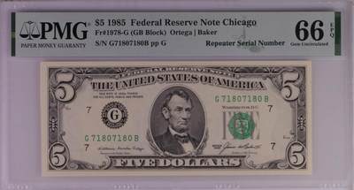 【礼羽收藏】🌏世界钱币拍卖127期 -  【号码无4 循环号码 高分】1985版 5美 PMG66E