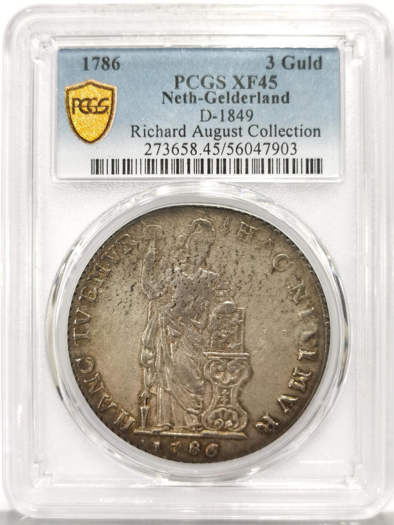 博洋堂世界钱币拍卖第163期（全场包邮） PCGS XF45 荷兰盖尔德兰省1786年3古尔登银币，920银，31.82克