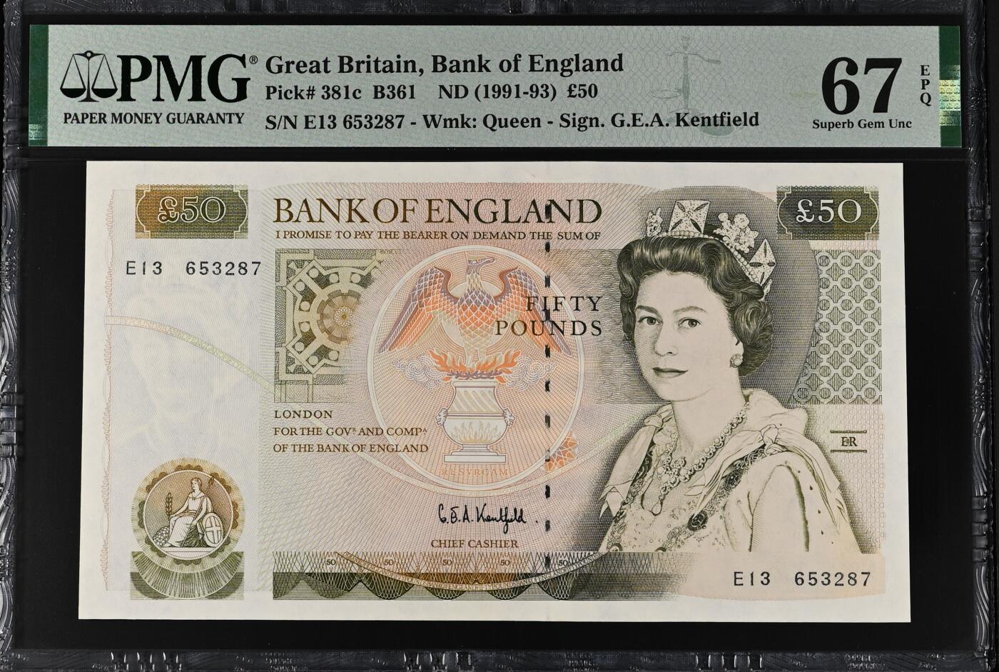 《艾美收藏》第235期-3.8周日外币荟萃 英国D序列1991-93年50镑PMG67E亚军分无4 冠军68分仅3张 Pick#381c 背面克里斯托弗·雷恩爵士