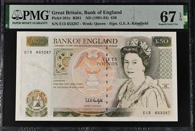 《艾美收藏》第235期-3.8周日外币荟萃 - 英国D序列1991-93年50镑PMG67E亚军分无4 冠军68分仅3张 Pick#381c 背面克里斯托弗·雷恩爵士