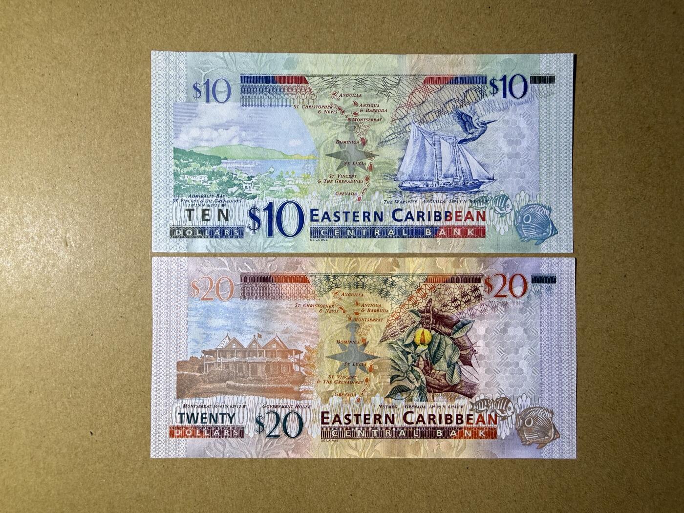 《艾美收藏》第235期-3.8周日外币荟萃 东加勒比10、20元2张 UNC 2015年