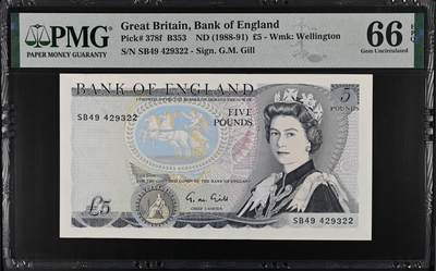 《艾美收藏》第235期-3.8周日外币荟萃 - 英国5镑 PMG66E D序列 Pick#378f