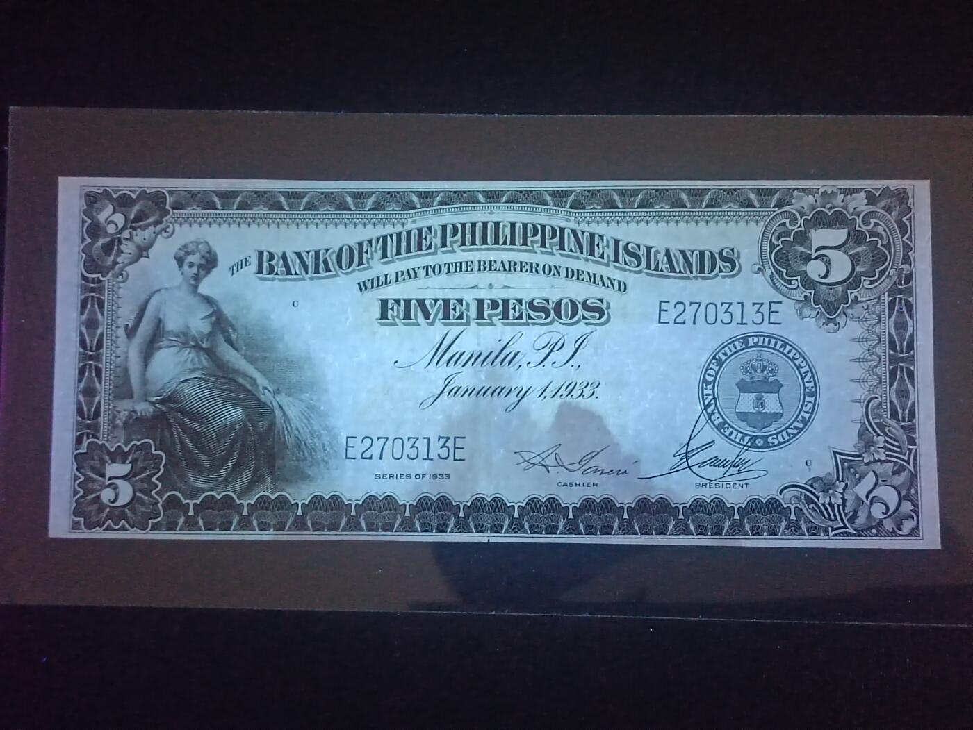2026三月第一期，总218期 美属菲律宾岛屿银行1933版5比索AUNC，持穗女神形象，浓厚的美国钞票风格，此时菲律宾比索也与美金等值，故中高面值印刷较为稀有