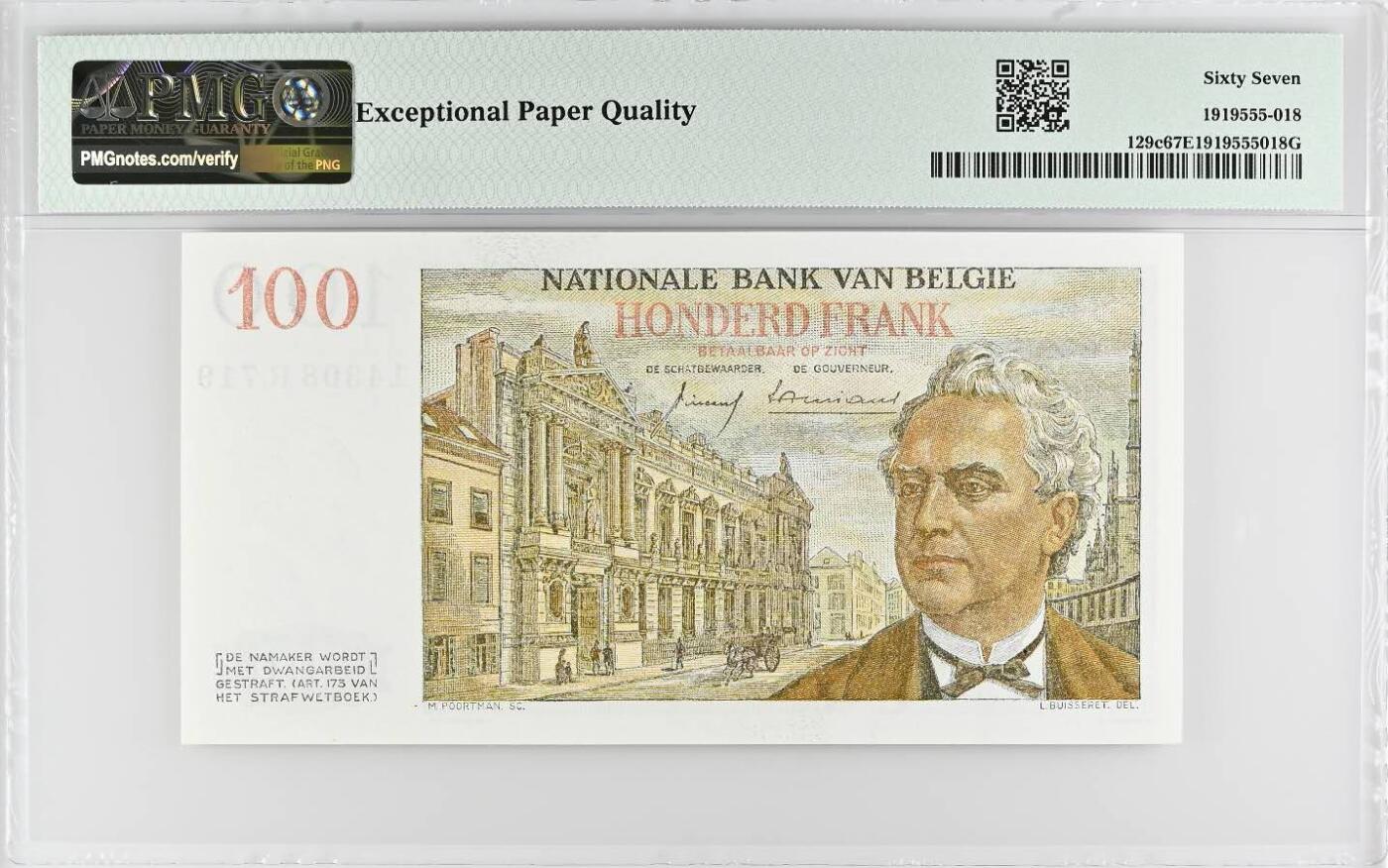 《艾美收藏》第235期-3.8周日外币荟萃 比利时1959年100法郎PMG67E亚军分 冠军68分仅2张，少见品种 50年代法属风纸币 一步到位藏品，比利时国王利奥波德一世 背面比利时政治家/首相奥尔邦，他任财政大臣期间，创办了比利时国家银行