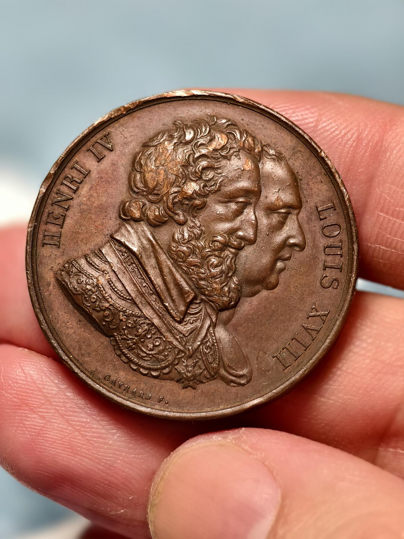 抚柳草堂-第十四期章牌钱币  奖章勋章限时免佣 满百包邮 放漏专场 1818法国波旁复辟时期的纪念铜章 由雕刻师 Raymond Gayrard 设计为纪念巴黎新桥亨利四世雕像重建而发行早期无边铭   直径33mm重20.7g