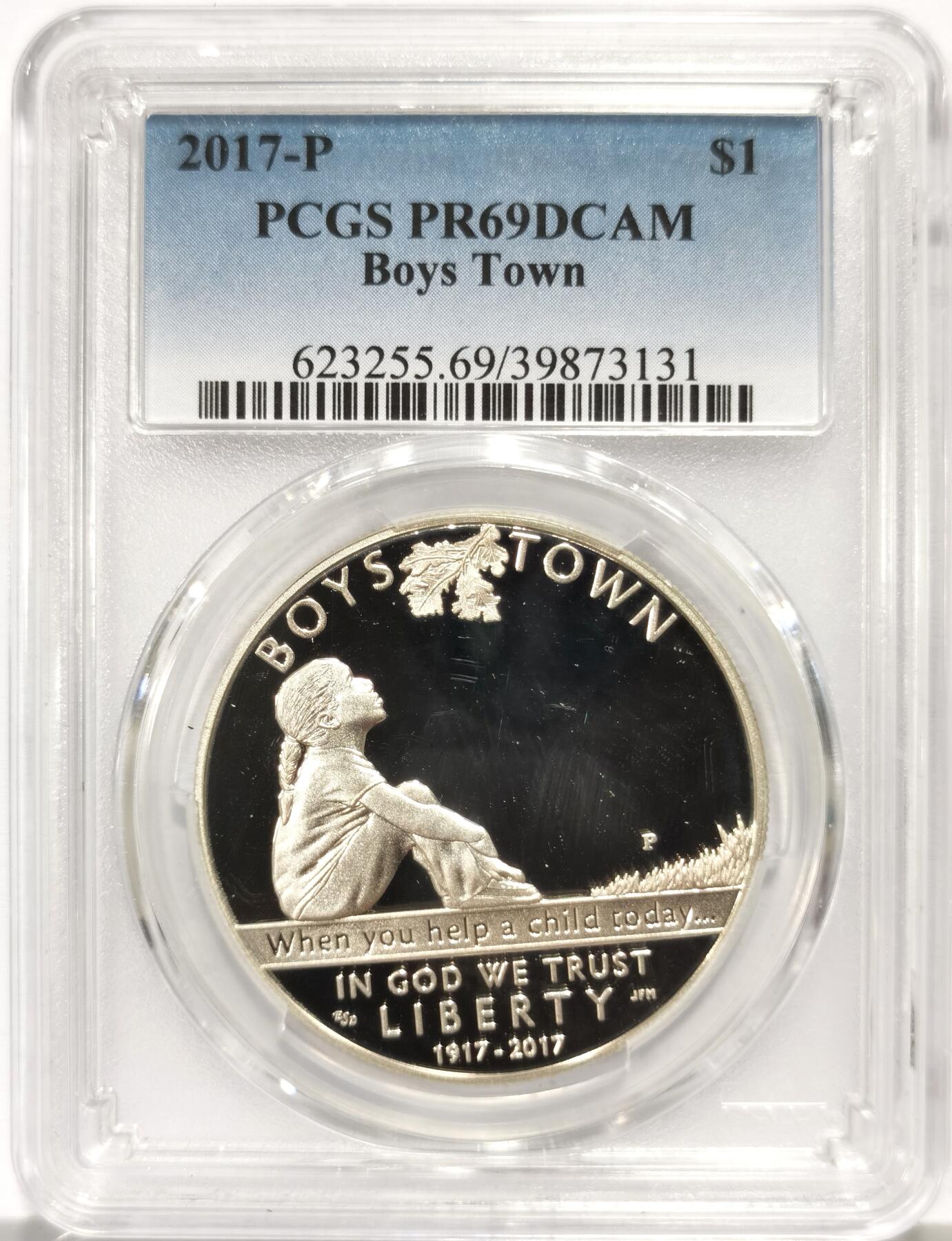 博洋堂世界钱币拍卖第163期（全场包邮） PCGS PR69DCAM 美国2017年男孩镇建立百年1美元精制纪念银币，直径38.1mm ，重26.73g，900银，发行量31610枚，2019年克劳斯世界硬币大赛 最富激情币。PROOF精制币，币面清爽干净又漂亮，状态极佳。