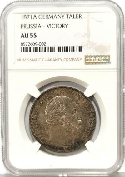 博洋堂世界钱币拍卖第163期（全场包邮） - NGC AU55 德国普鲁士1871年普法战争胜利泰勒银币，双面原味老彩包浆，日耳曼尼亚女神细节拉满，压分低评