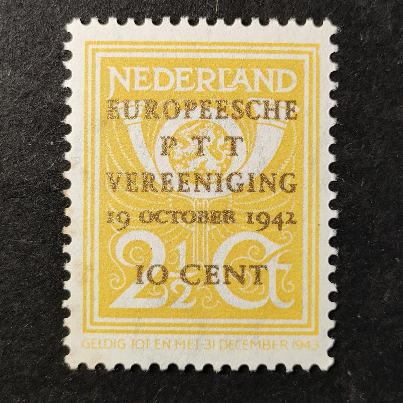 ↓君缘收藏754期☞钱币邮品↓无佣金、可寄存、满30元包邮  荷兰邮票，1943年欧洲邮政联盟大会在维也纳召开加盖改值邮票1全