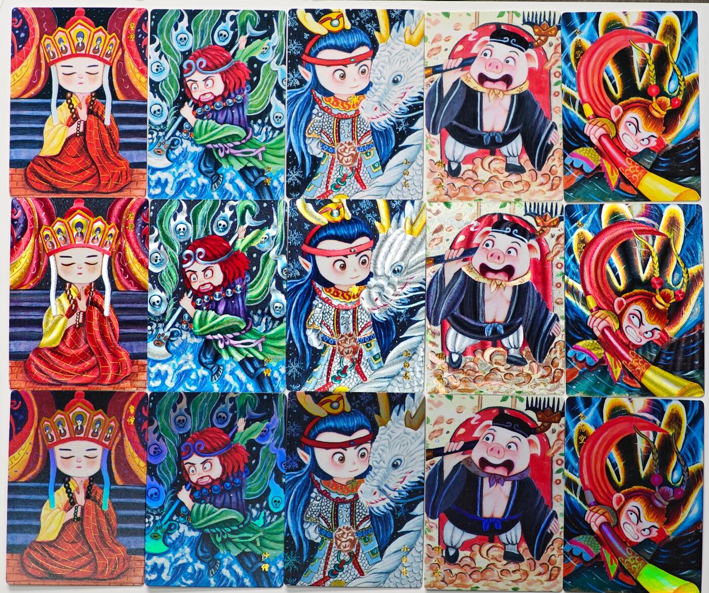 白泽拍卖卡牌手绘专场第33期（去岁千般皆如愿 今年万事定称心） 2024 山河潮玩 西游记师徒5人 3套 15张  普卡 粗闪 彩闪