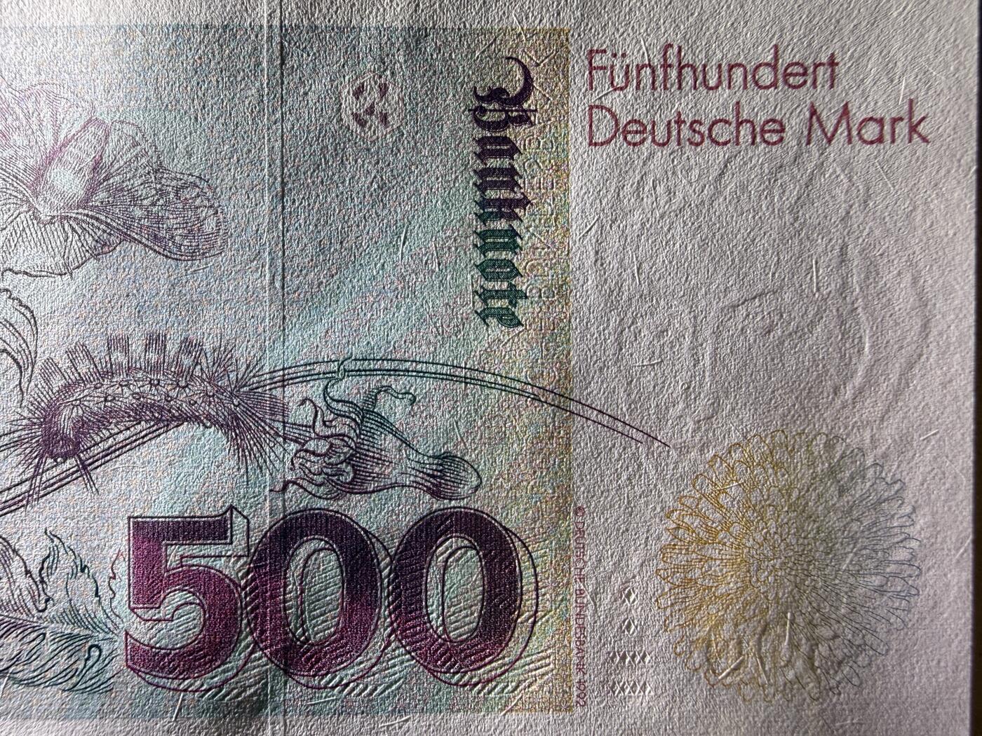 《艾美收藏》第235期-3.8周日外币荟萃 德国500马克 UNC 1991年 德国女画家梅里安 背面有一处小磨损点 AA冠