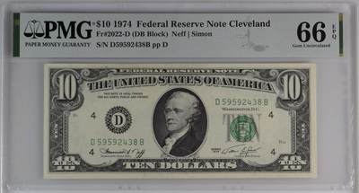 【礼羽收藏】🌏世界钱币拍卖127期 - 【高分 稀少分区D克利夫兰】1974版 10美 PMG66E
