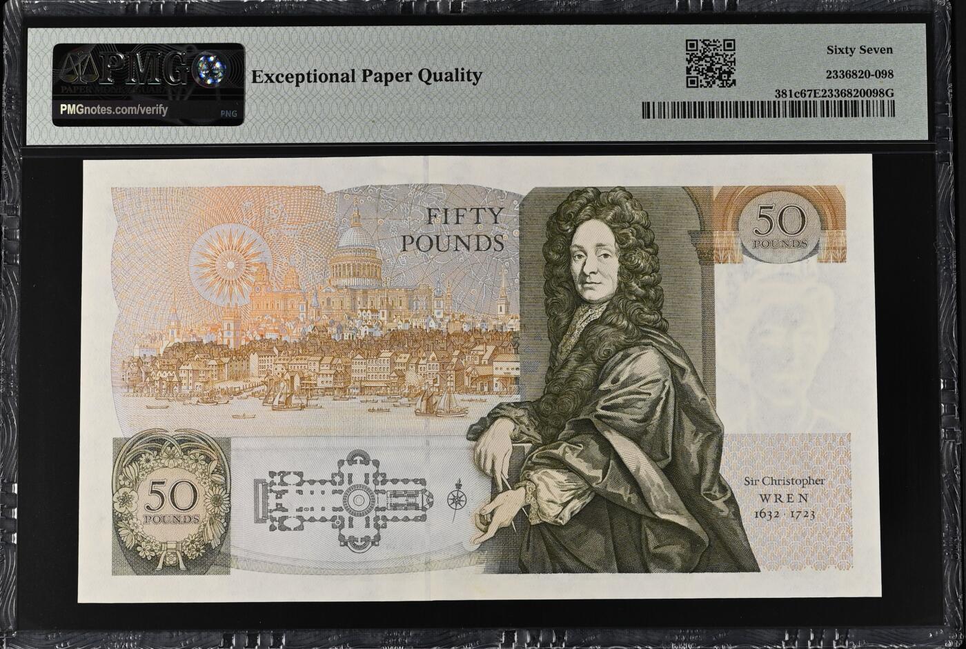 《艾美收藏》第235期-3.8周日外币荟萃 英国D序列1991-93年50镑PMG67E亚军分无4 冠军68分仅3张 Pick#381c 背面克里斯托弗·雷恩爵士